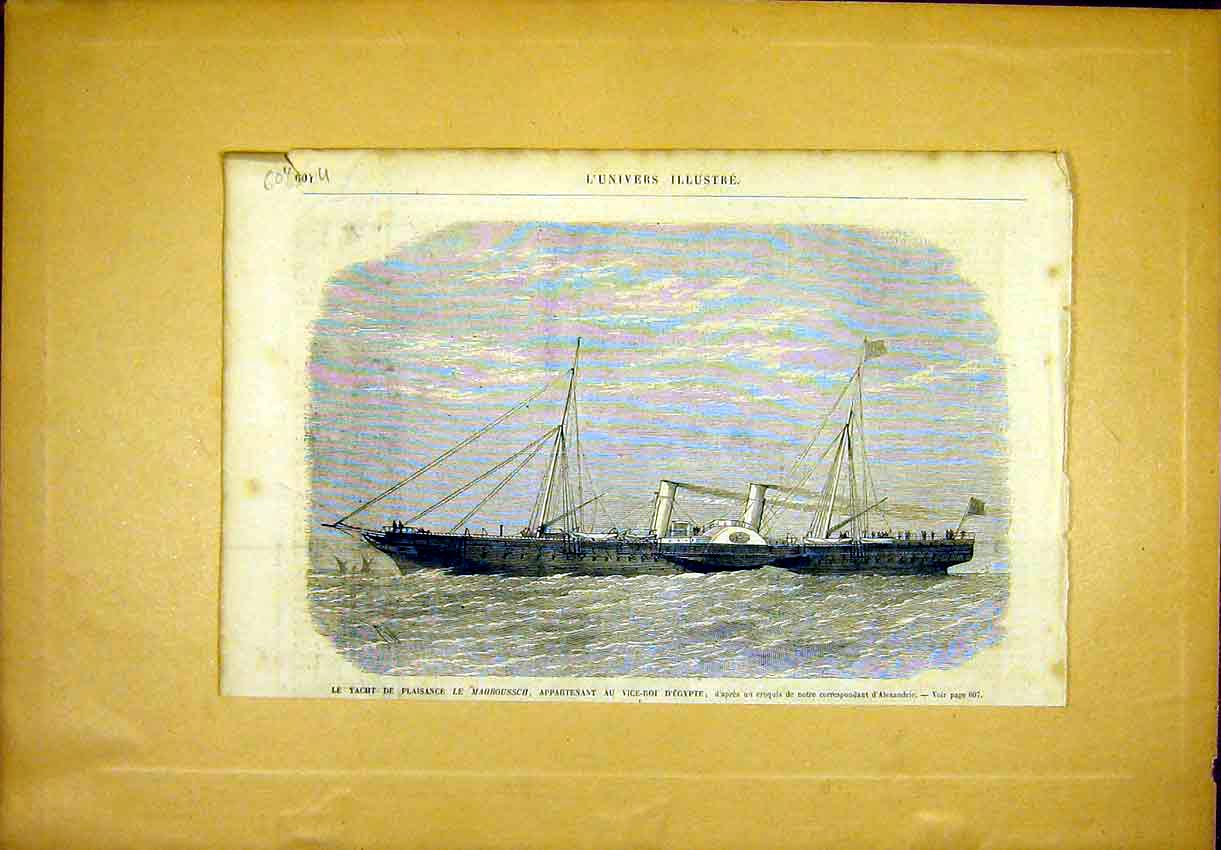 Original Old Antique Print Yacht Mahroussch Egypt Alexandria French 1866 19th