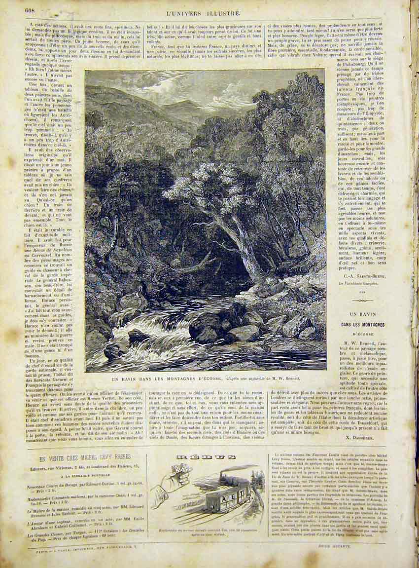Original Old Antique Print Mountain Stream Waterfall Switzerland French 1866