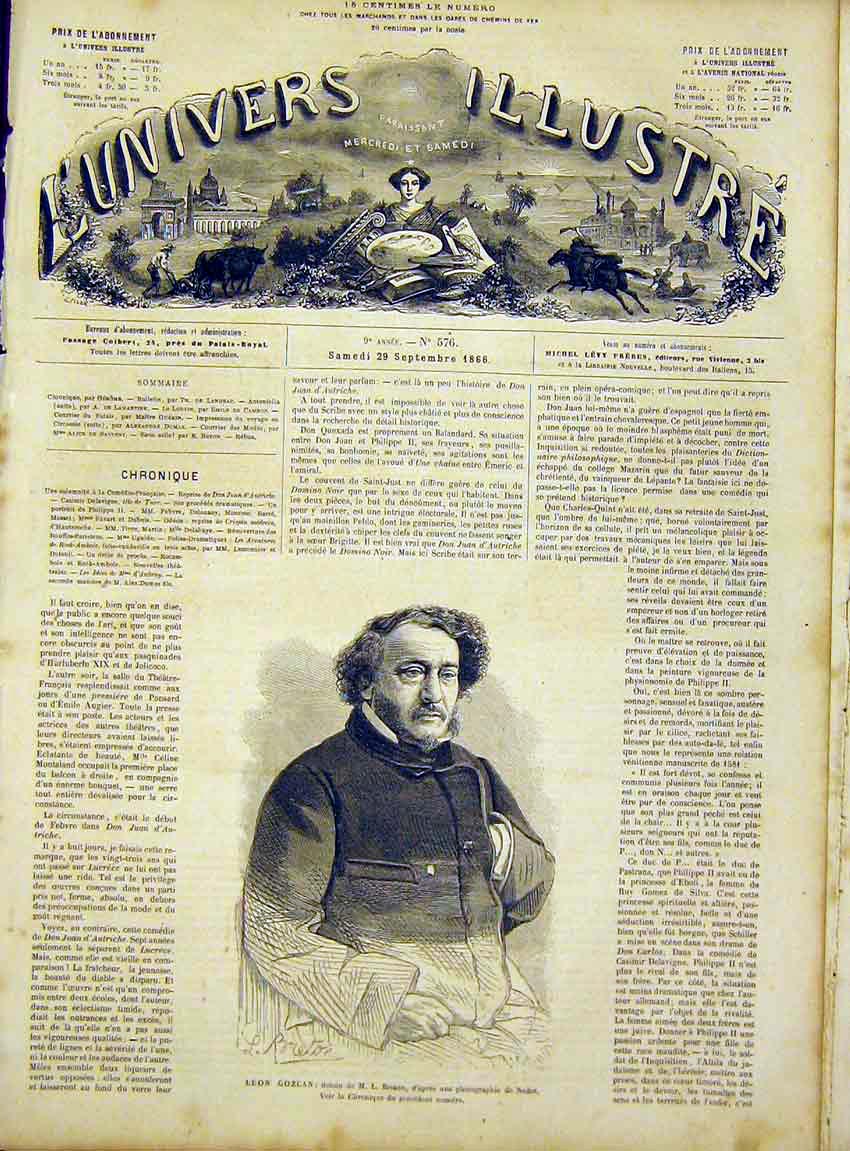 Original Old Antique Print Portrait Leon Gozlan Breton French 1866 Victorian