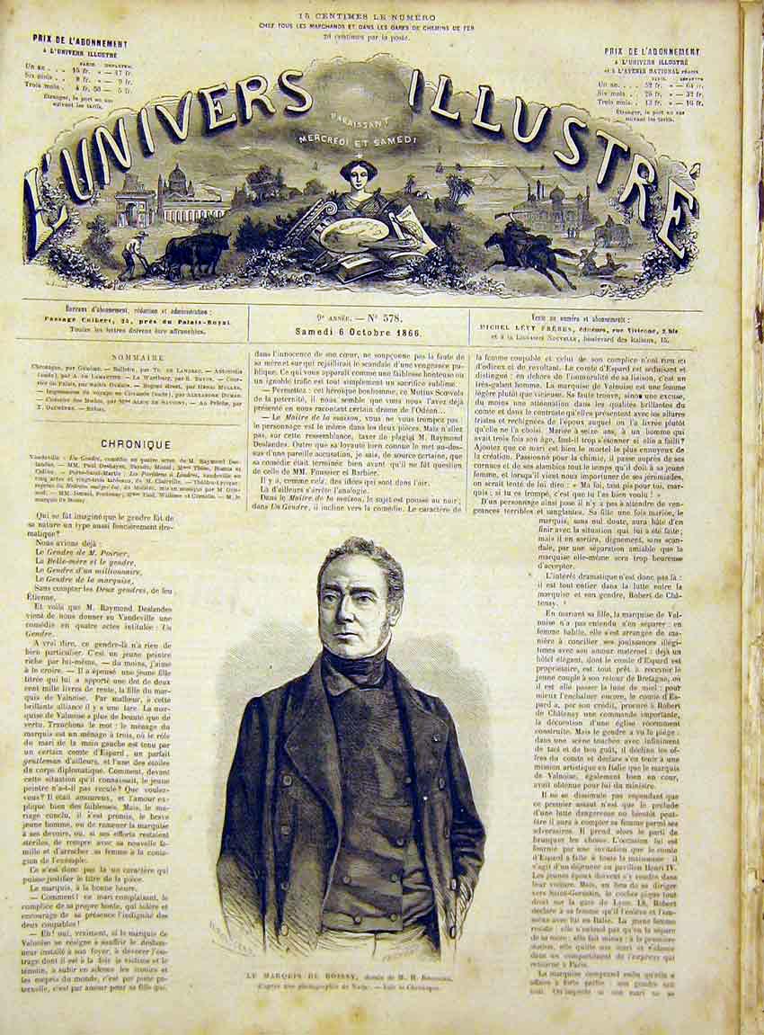 Original Old Antique Print Portrait Marquis Boissy French 1866 19th