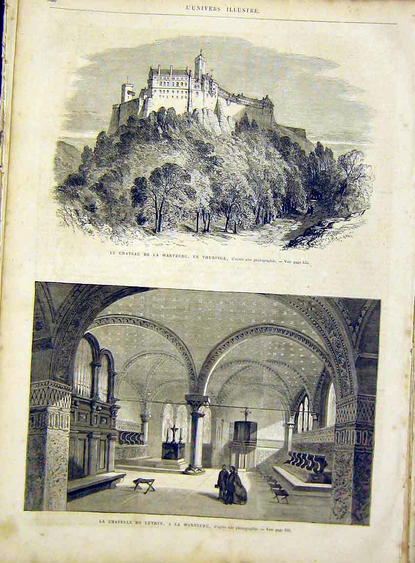 Original Old Antique Print Castle Wartburg Chapel Luther French 1866 Victorian