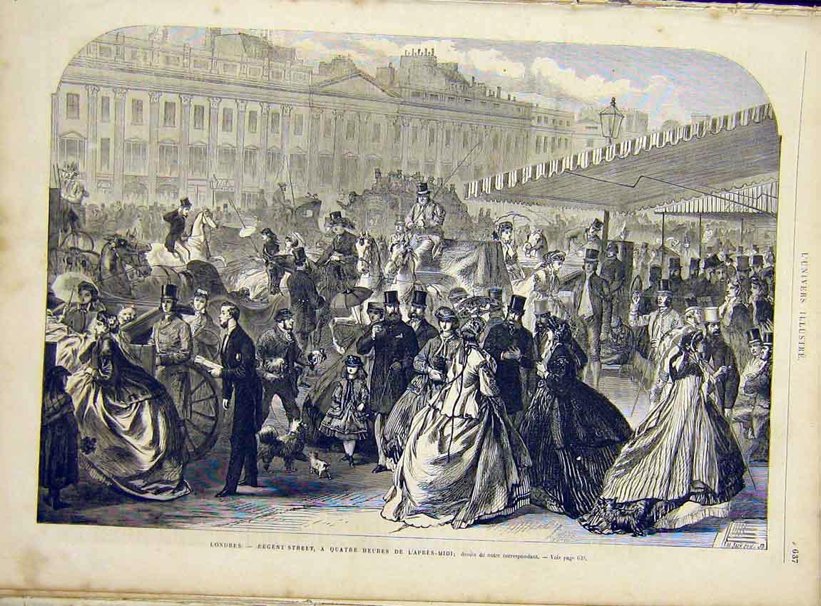 Original Old Antique Print London Regent Street People French 1866 Victorian
