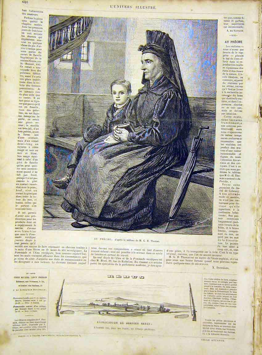 Original Old Antique Print Au Preche Thomas Lady Child French 1866 Victorian