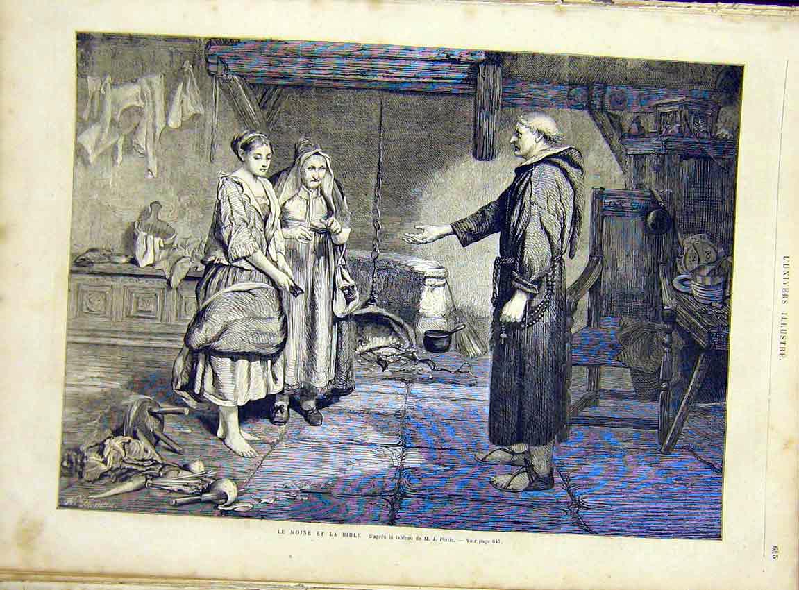 Original Old Antique Print Money Bible Pettie Fine Art French 1866 Victorian