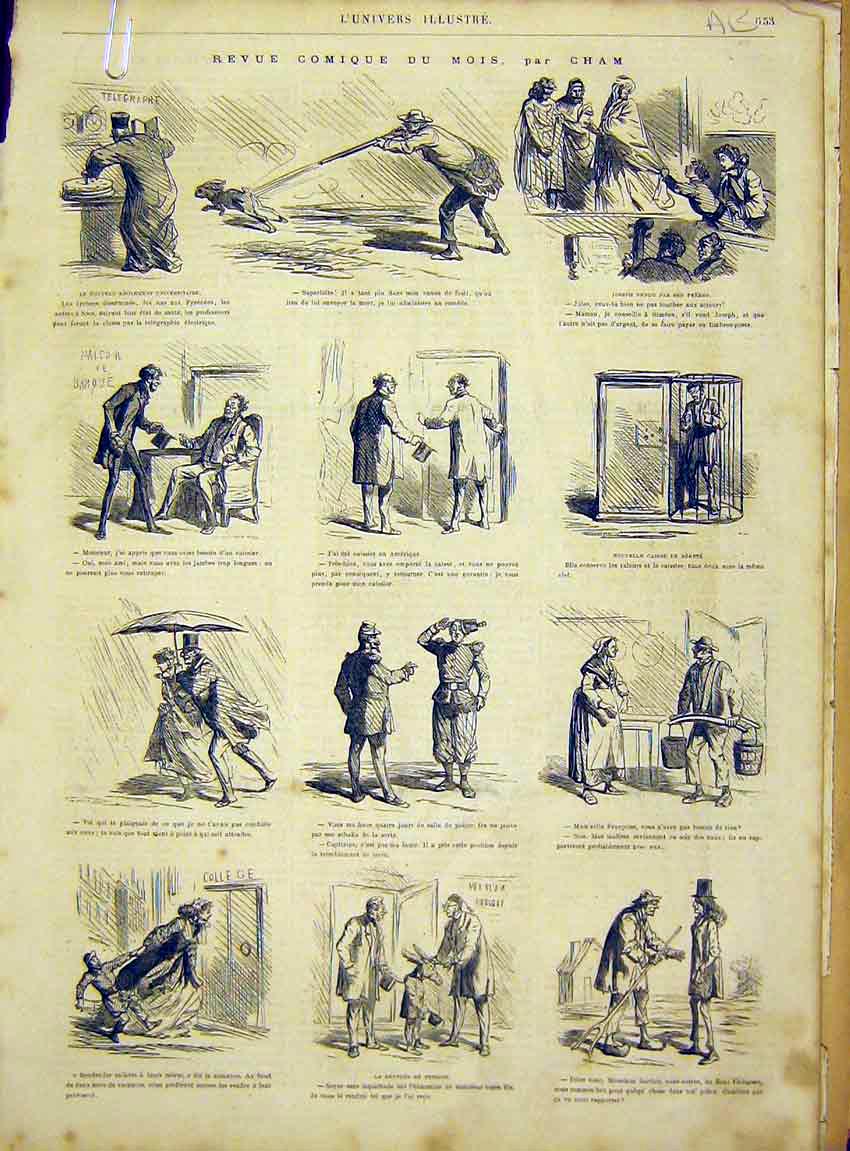 Original Old Antique Print Comic Sketches Paris France Cham French 1866 19th