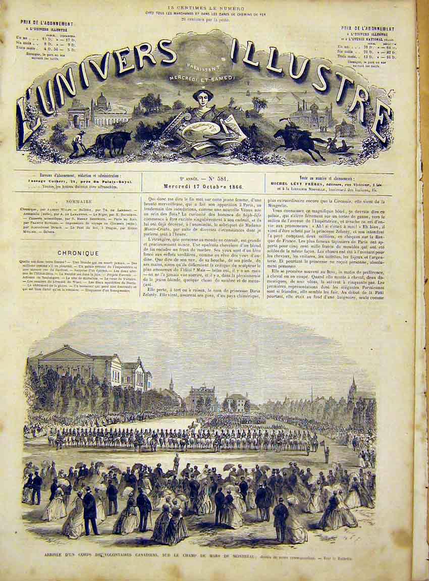 Original Old Antique Print Military Volunteers Canadian Montreal French 1866