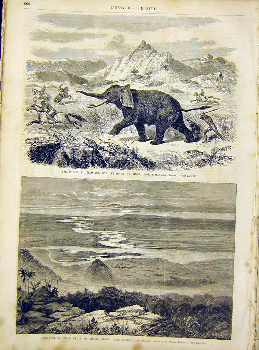 Original Old Antique Print Elephant Niger Africa Hunt River Robins 1866 19th