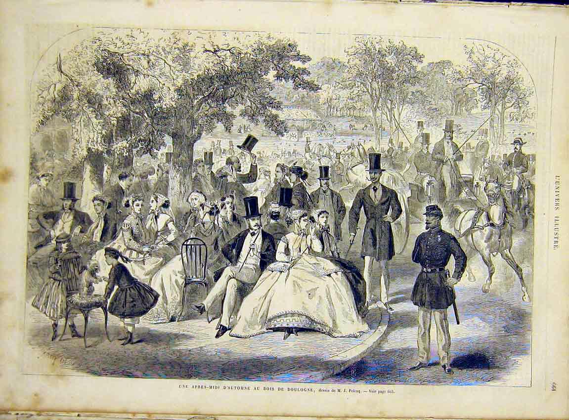 Original Old Antique Print Boulogne Park Picnic Pelcoq People French 1866 19th