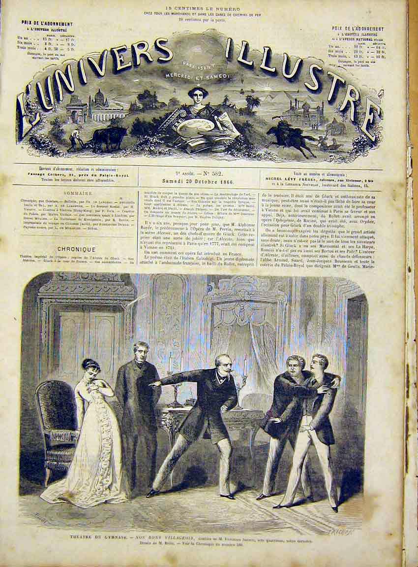 Original Old Antique Print Theatre Gymnase Sardou Belin French 1866 Victorian