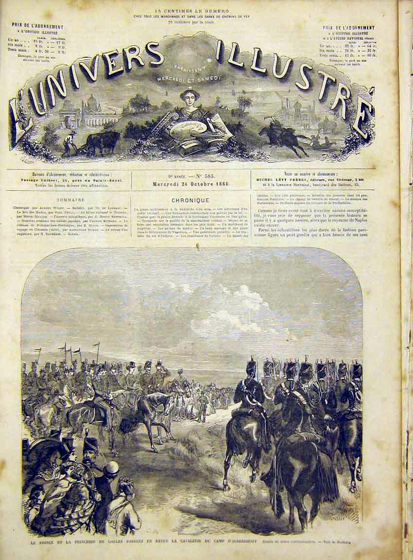 Original Old Antique Print Cavalry Review Aldershott Prince Wales 1866 Victorian