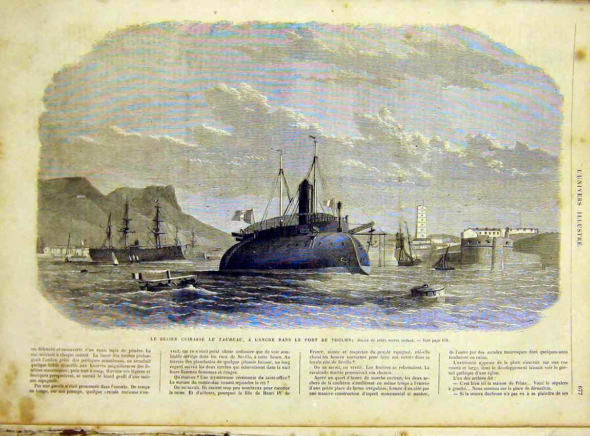 Original Old Antique Print Taureau Toulon Submarine Boat French 1866 Victorian