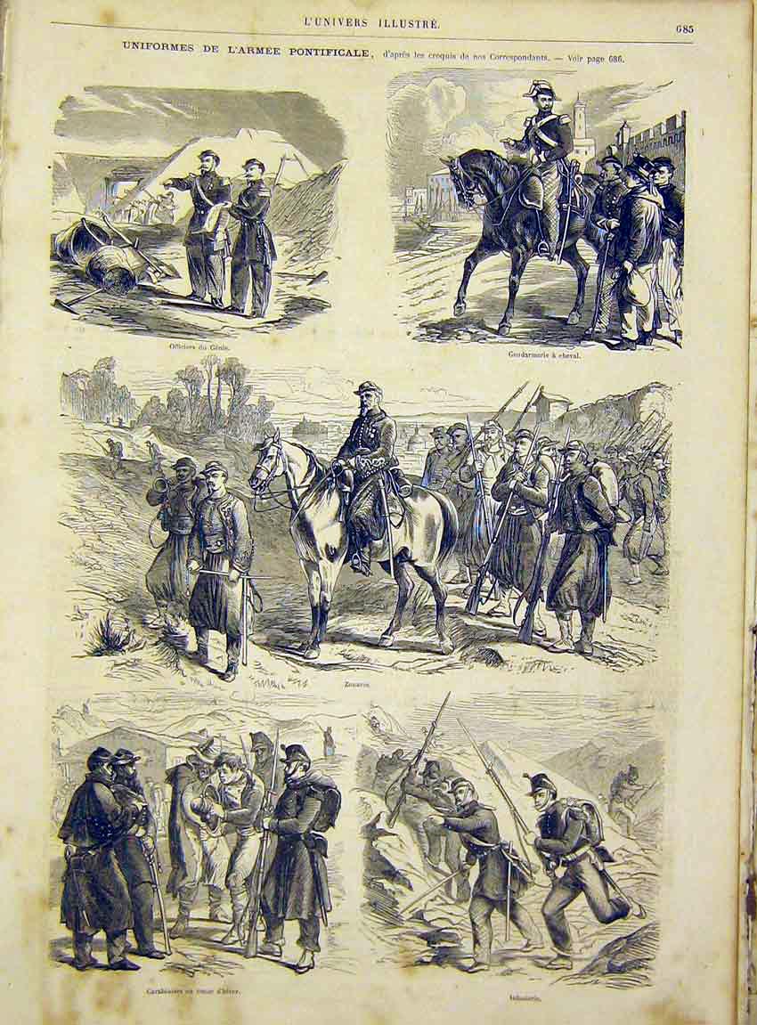Original Old Antique Print Uniforms Military Infantry Officer French 1866 19th