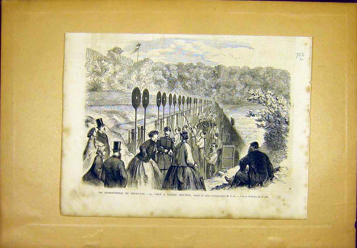 Original Old Antique Print Brussels Cible International Sport French 1866 19th