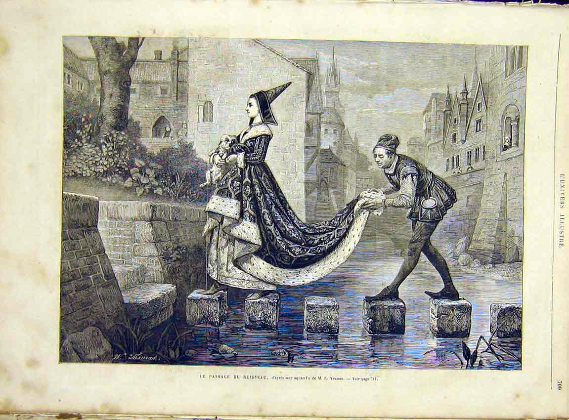 Original Old Antique Print Yeames Ruisseau Lady Dog River Stones French 1866