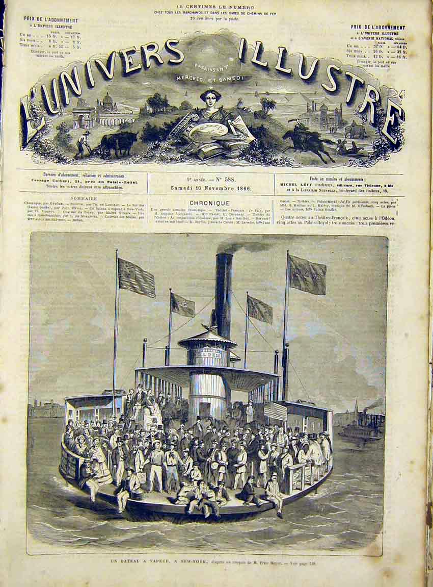 Original Old Antique Print Boat Vapeur New York Meyer America French 1866 19th