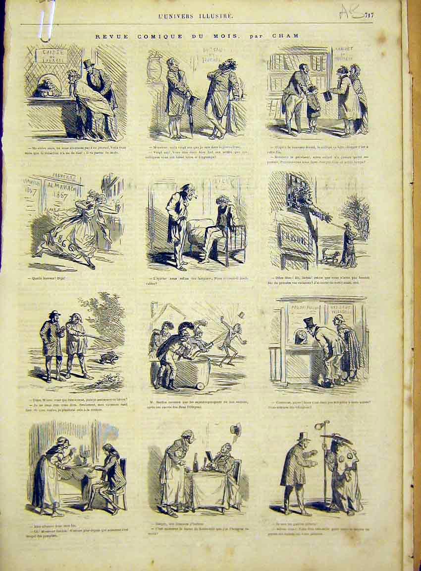 Original Old Antique Print Comic Sketches Cham Paris France French 1866 19th