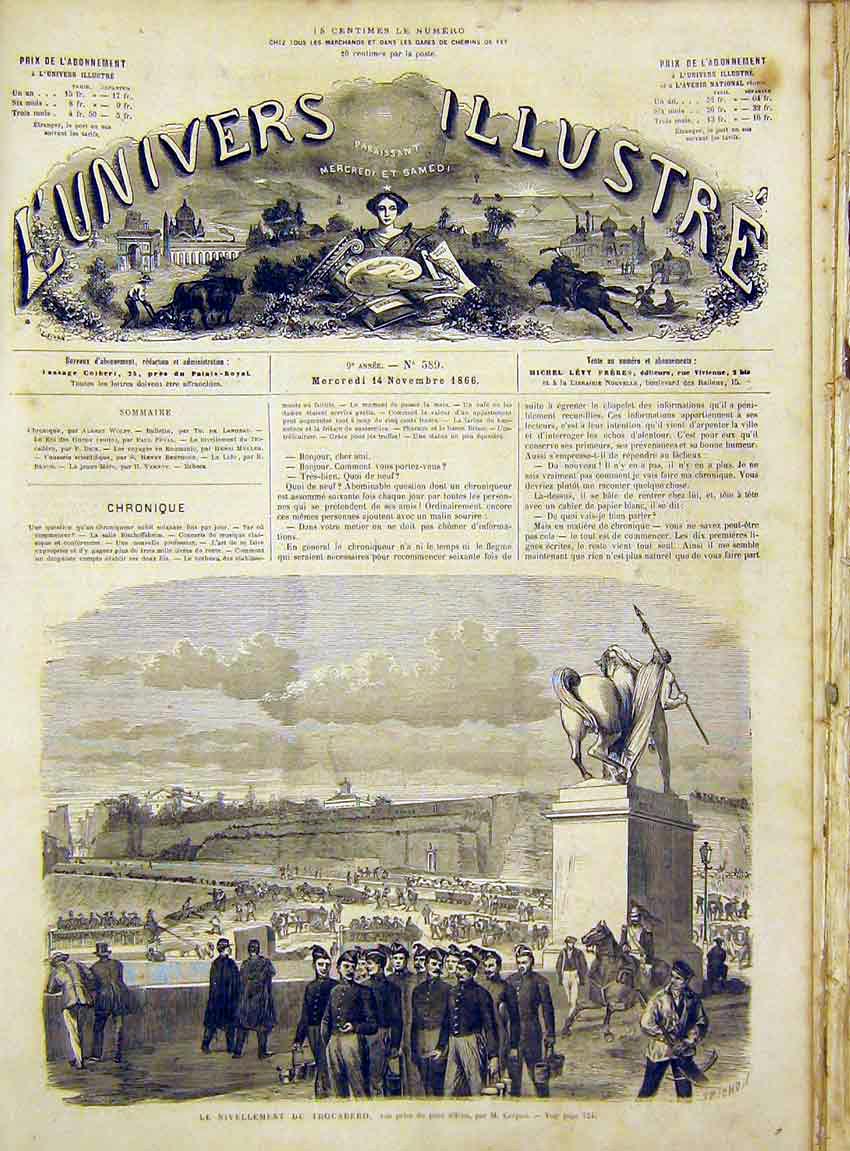 Original Old Antique Print Trocadero Military Lena Bridge French 1866 Victorian