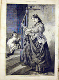 Original Old Antique Print Barnes Mother Child Baby Fine Art French 1866 19th