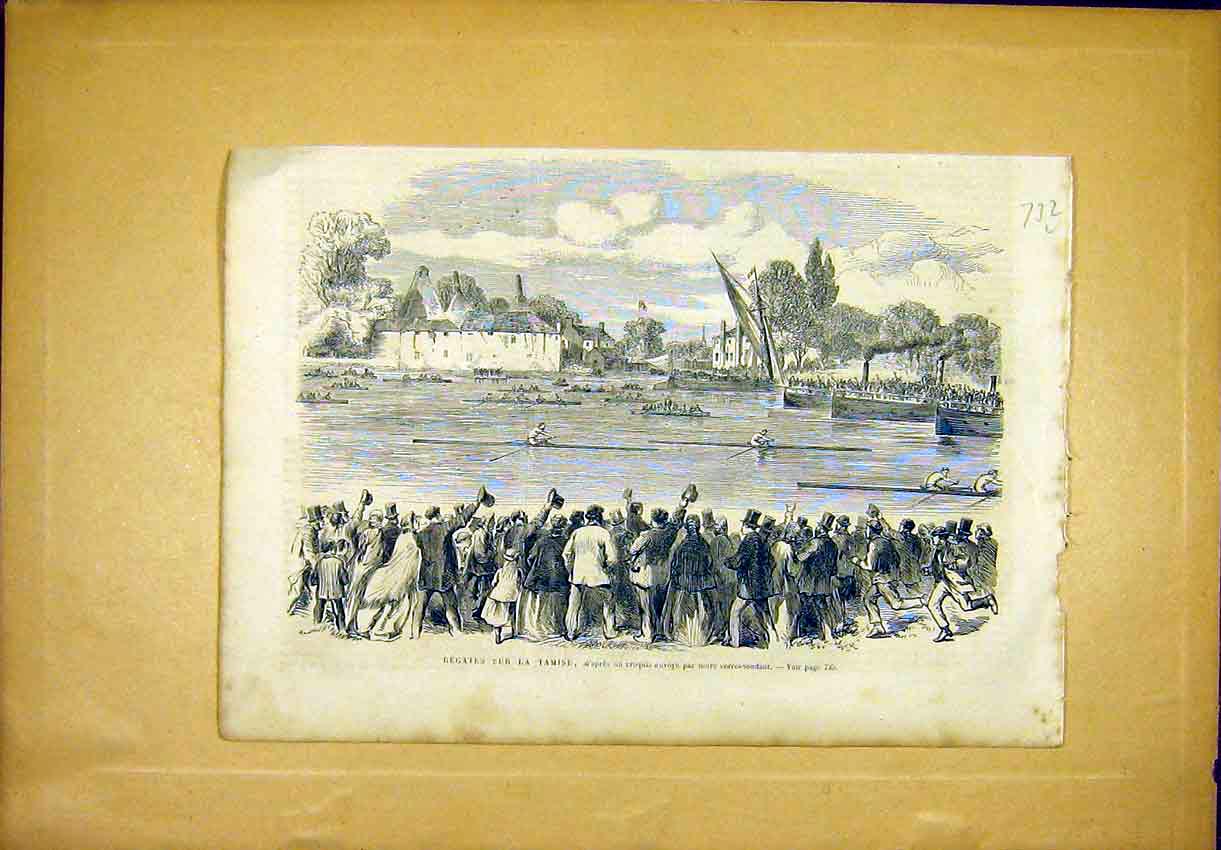Original Old Antique Print Regatta Tamise River Boats Crowd French 1866 19th