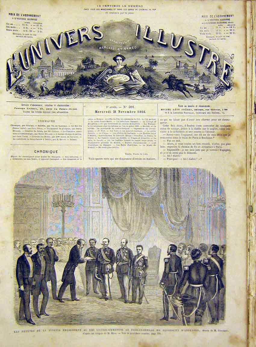 Original Old Antique Print Venetian King Victor Emmanuel French 1866 Victorian