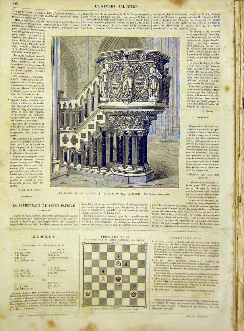 Original Old Antique Print Cathedral St Patrick Dublin Ireland French 1866 19th