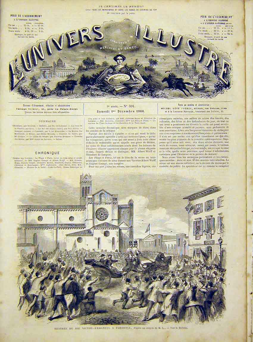 Original Old Antique Print Victor-Emmanuel Florence Italy French 1866 Victorian