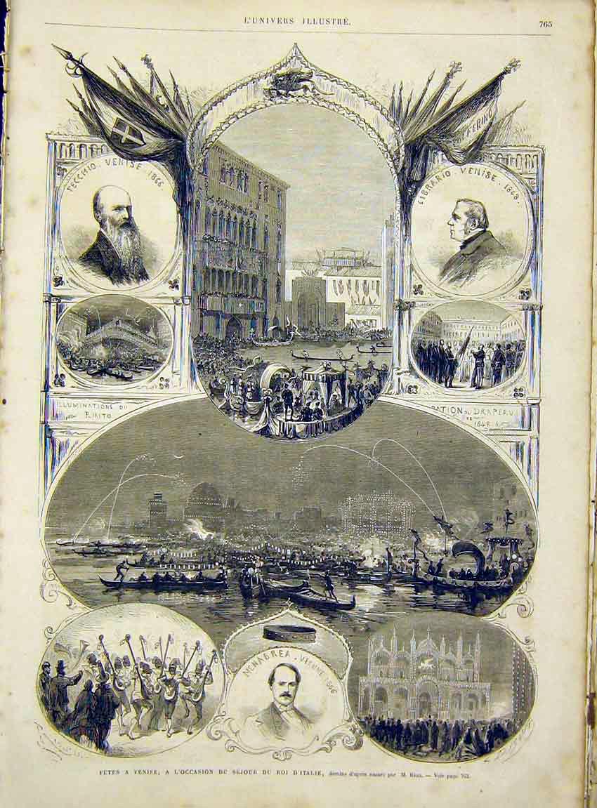 Original Old Antique Print Fete Venice King Italy Riou French 1866 Victorian