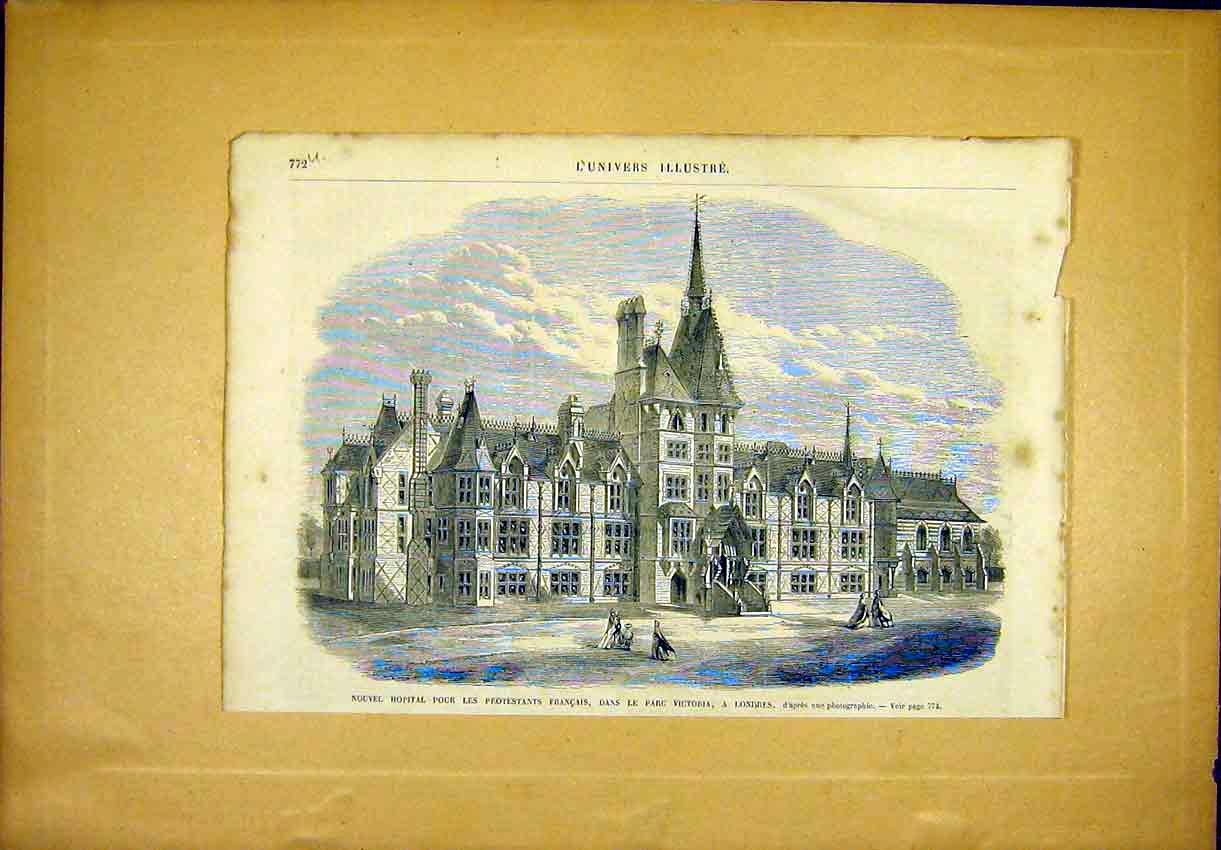 Original Old Antique Print Hospital French Prostestants Victoria London 1866