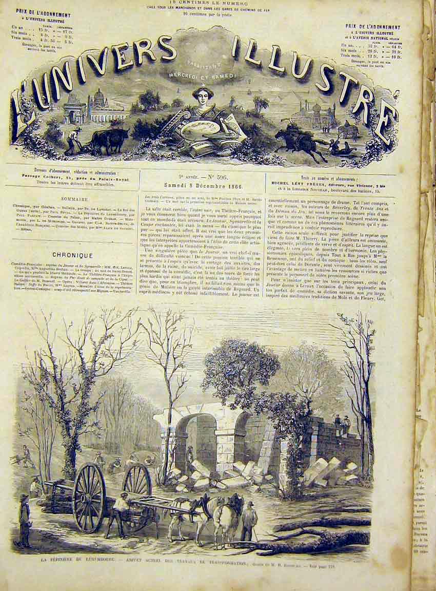 Original Old Antique Print Luxembourg Pepiniere Rouseau Building French 1866