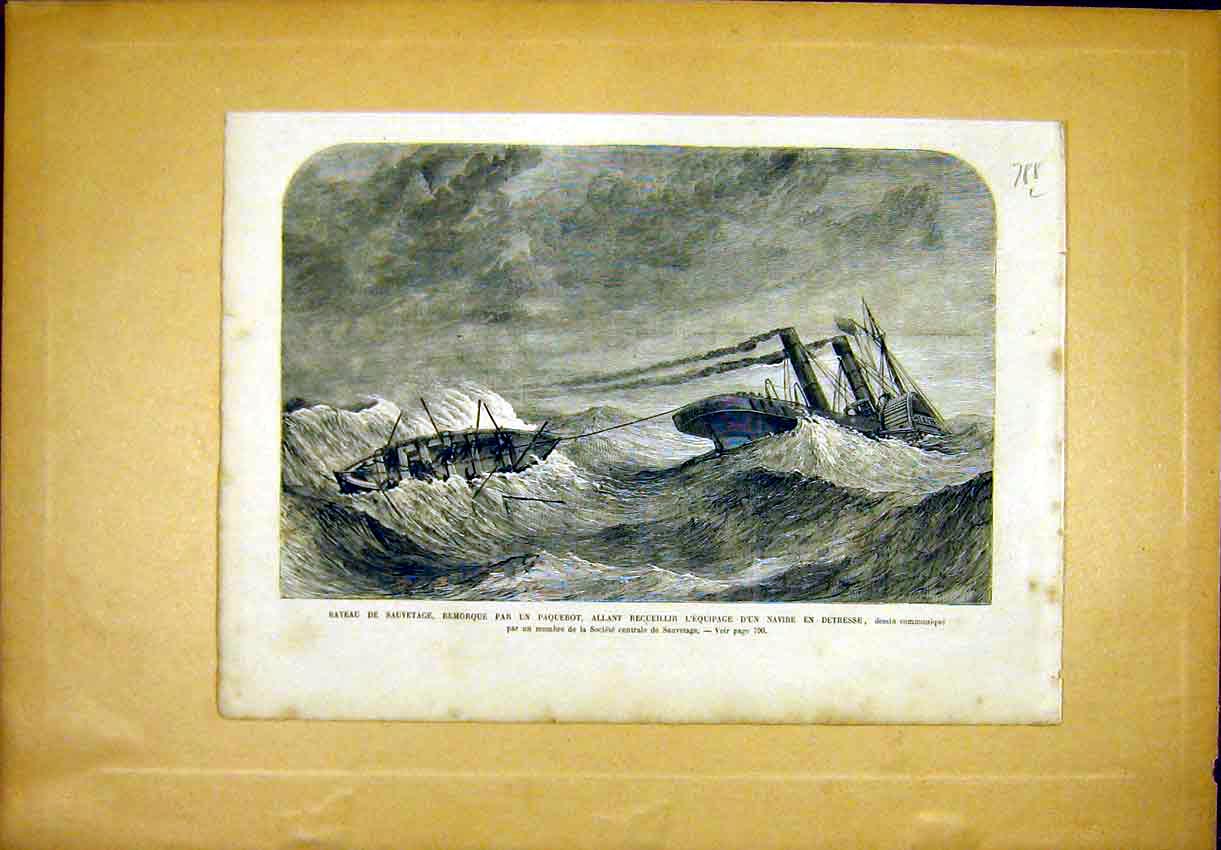 Original Old Antique Print Boat Paquerot Navy Sea Wreck French 1866 Victorian