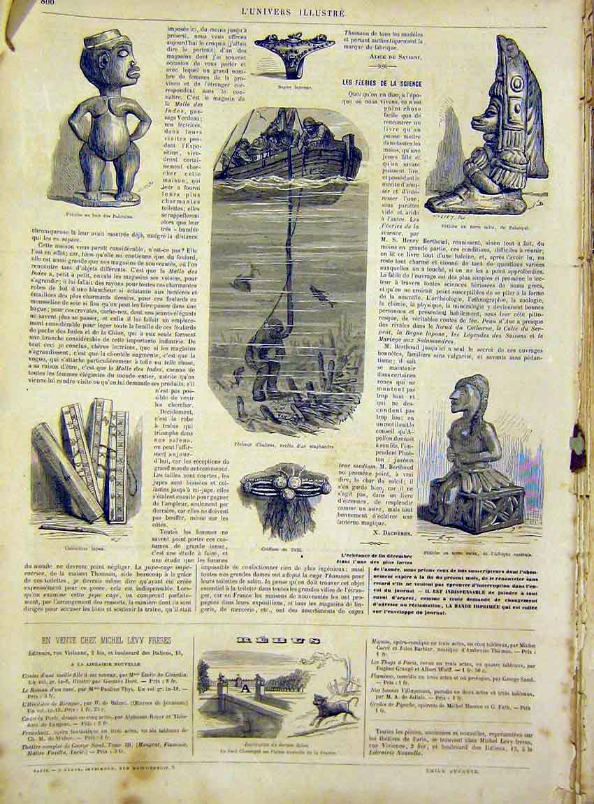 Original Old Antique Print Antiquities Pahouins Africa Palanque French 1866 19th