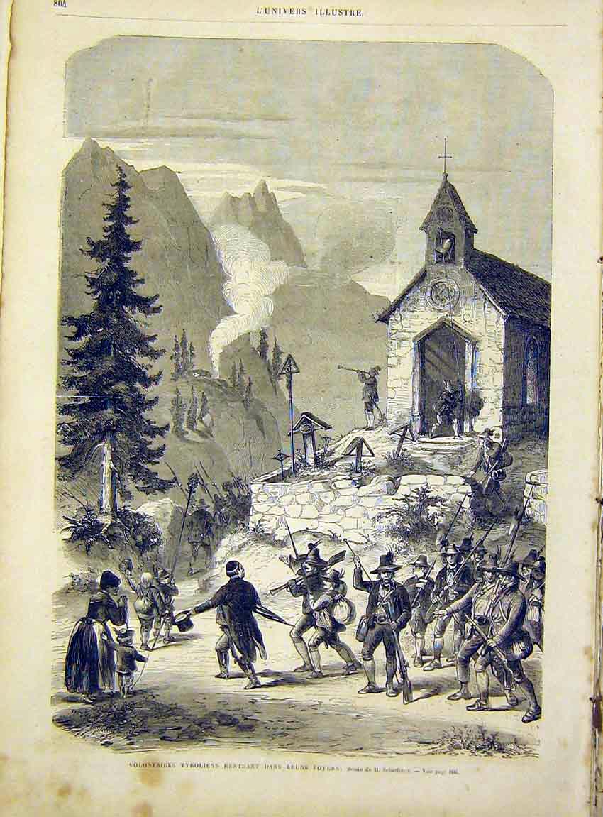 Original Old Antique Print Volunteers Tyrol Scharfetter Military French 1866