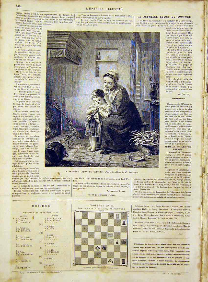 Original Old Antique Print Mother Child Lesson Swift Portrait French 1866 19th