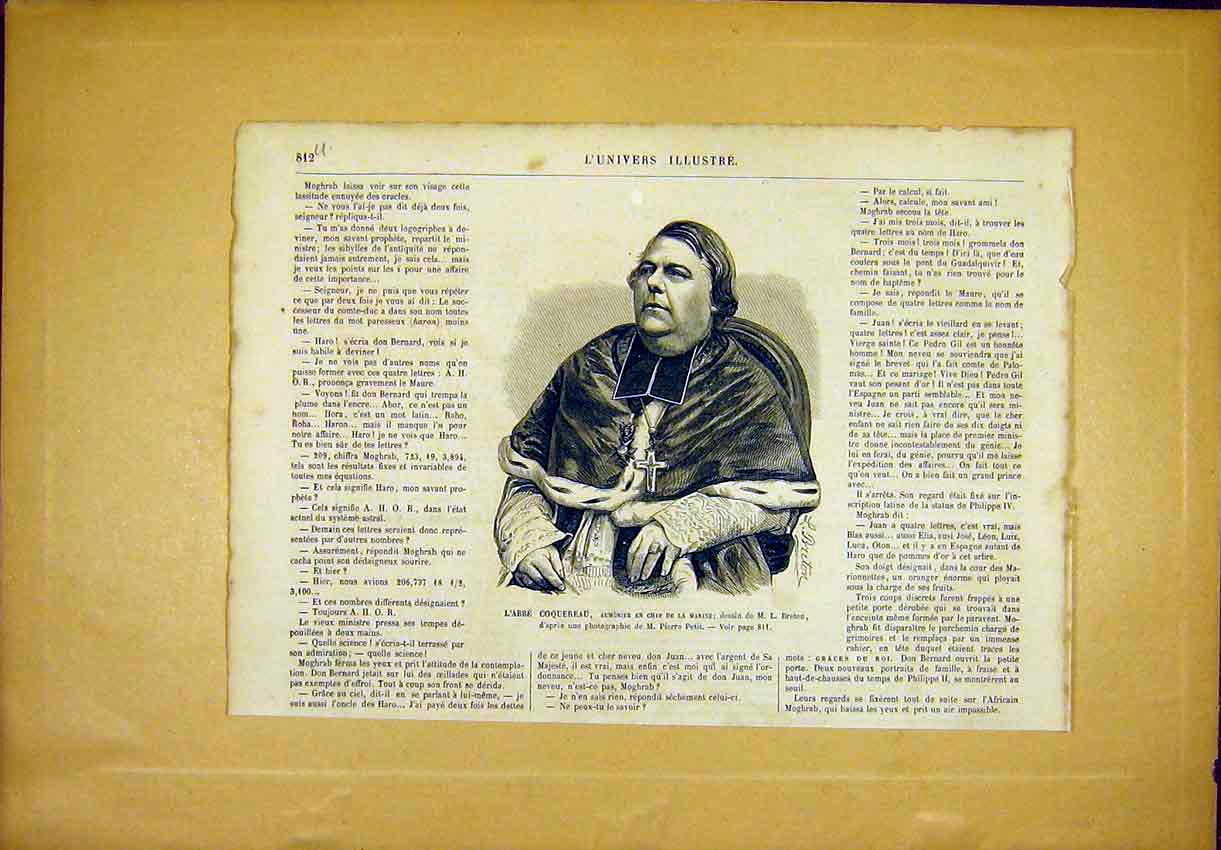 Original Old Antique Print Portrait Abbot Coquereau Breton French 1866 19th