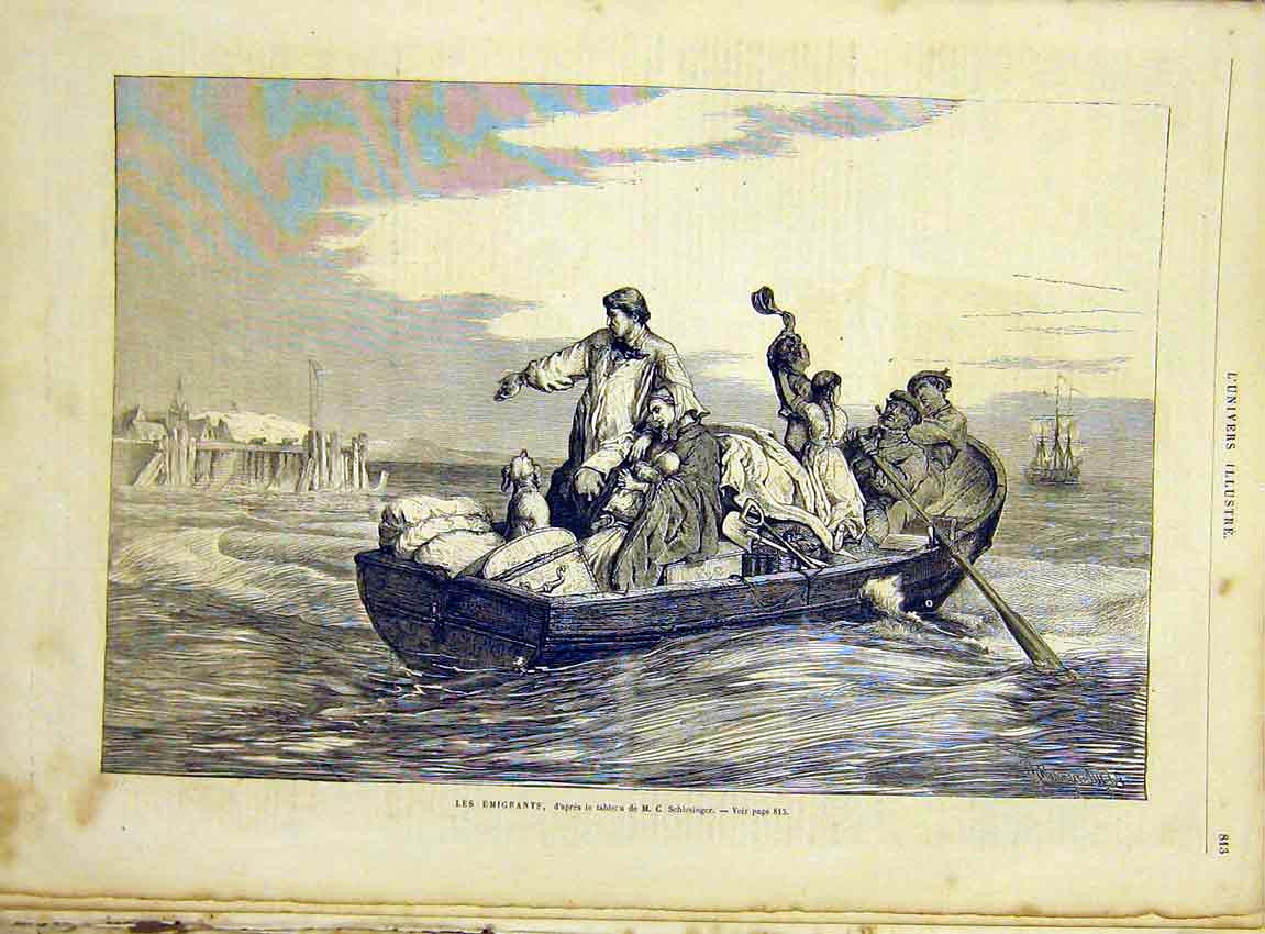 Original Old Antique Print Emigrants Boat Sea Schlesinger French 1866 Victorian
