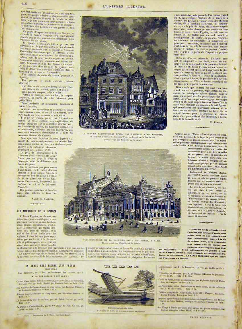 Original Old Antique Print Philadelphia Franklin Opera Paris Building 1866 19th