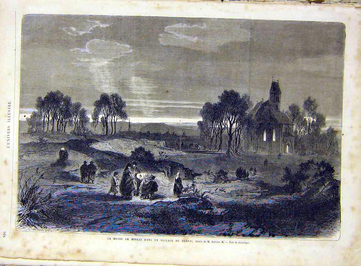 Original Old Antique Print Midnight Mass Berry French 1866 Church 19th