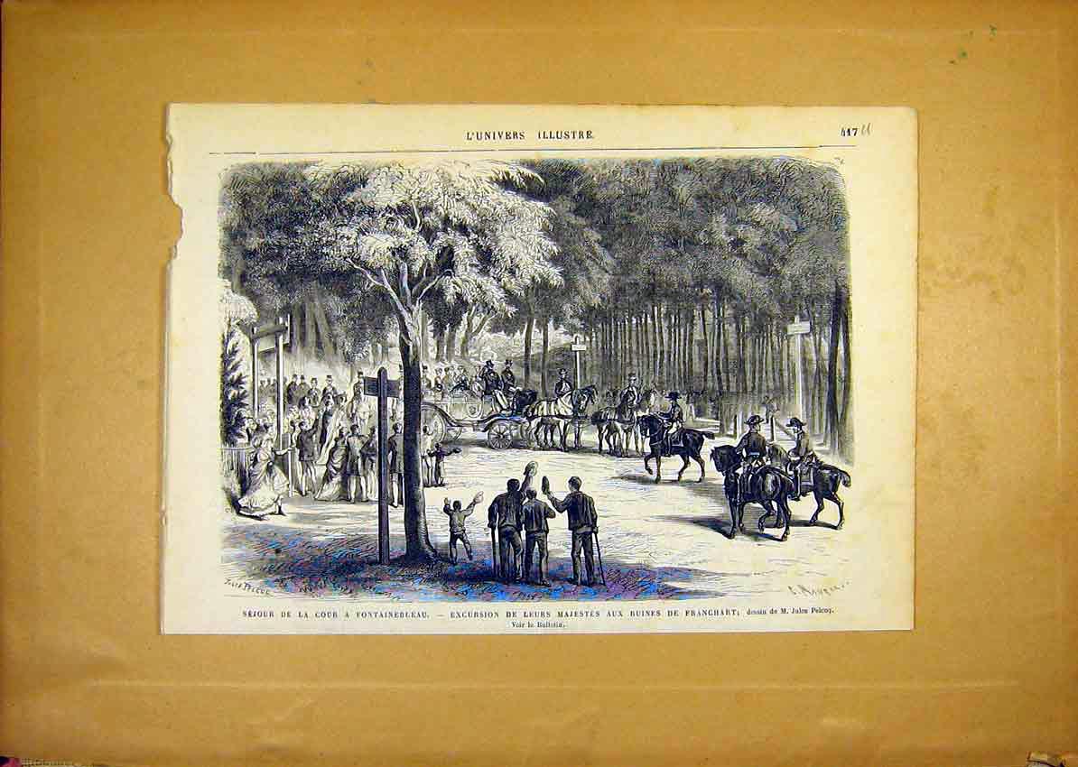 Original Old Antique Print Fountainbleau Ruins Franchart Royal French 1868 19th
