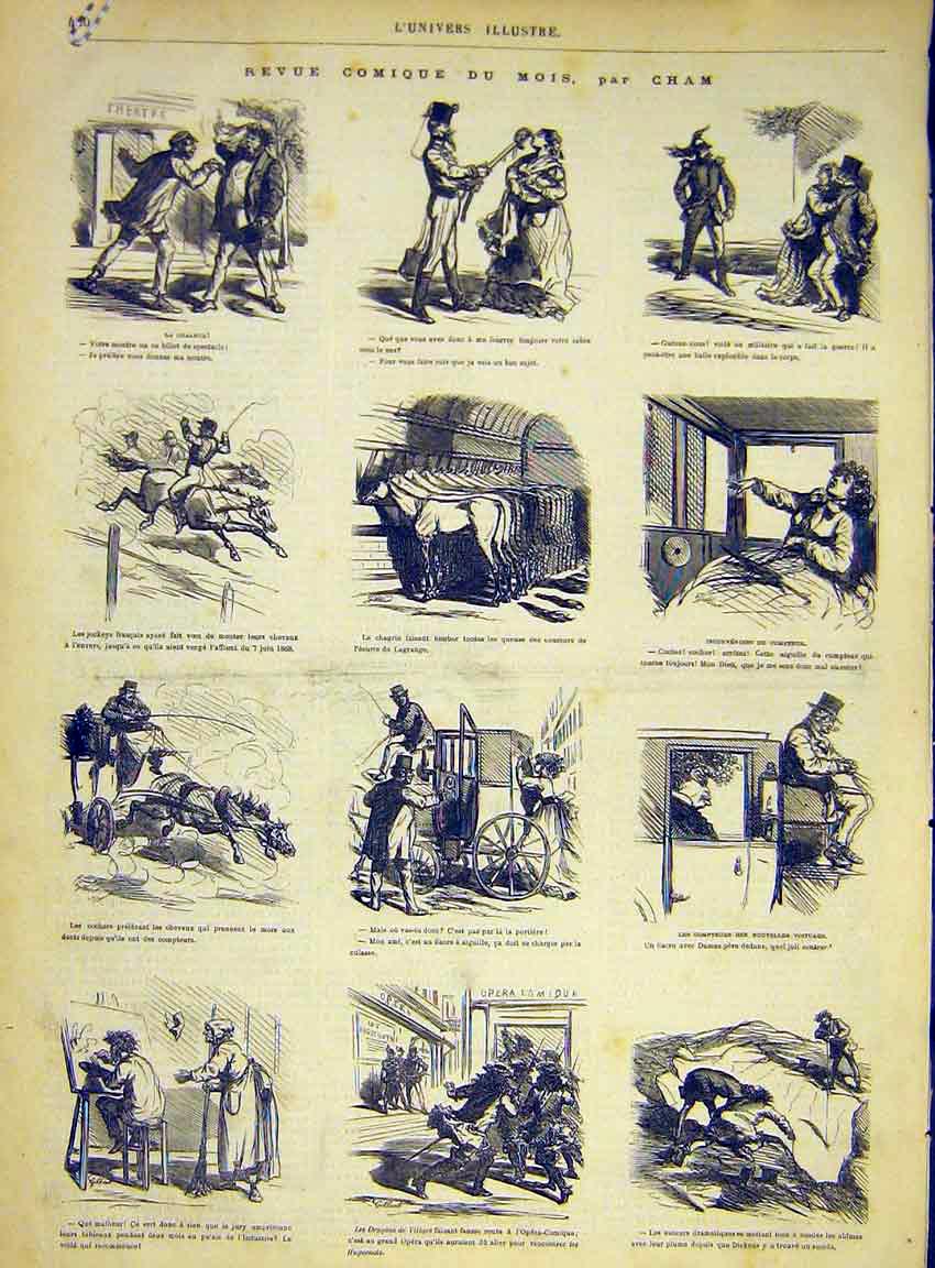 Original Old Antique Print Comedy Comic Sketches Mois Cham Animals 1868 19th