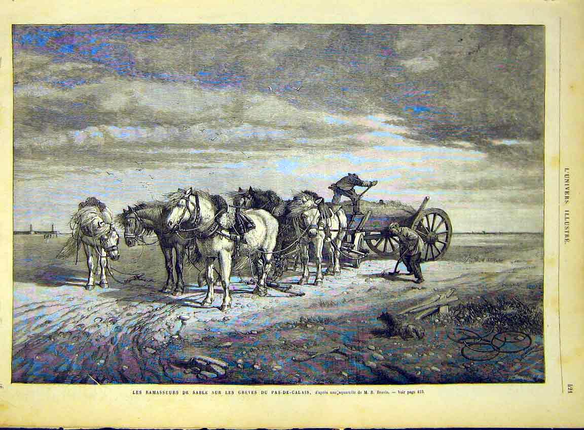 Original Old Antique Print Calais Sand Waggon Horses France French 1868 19th
