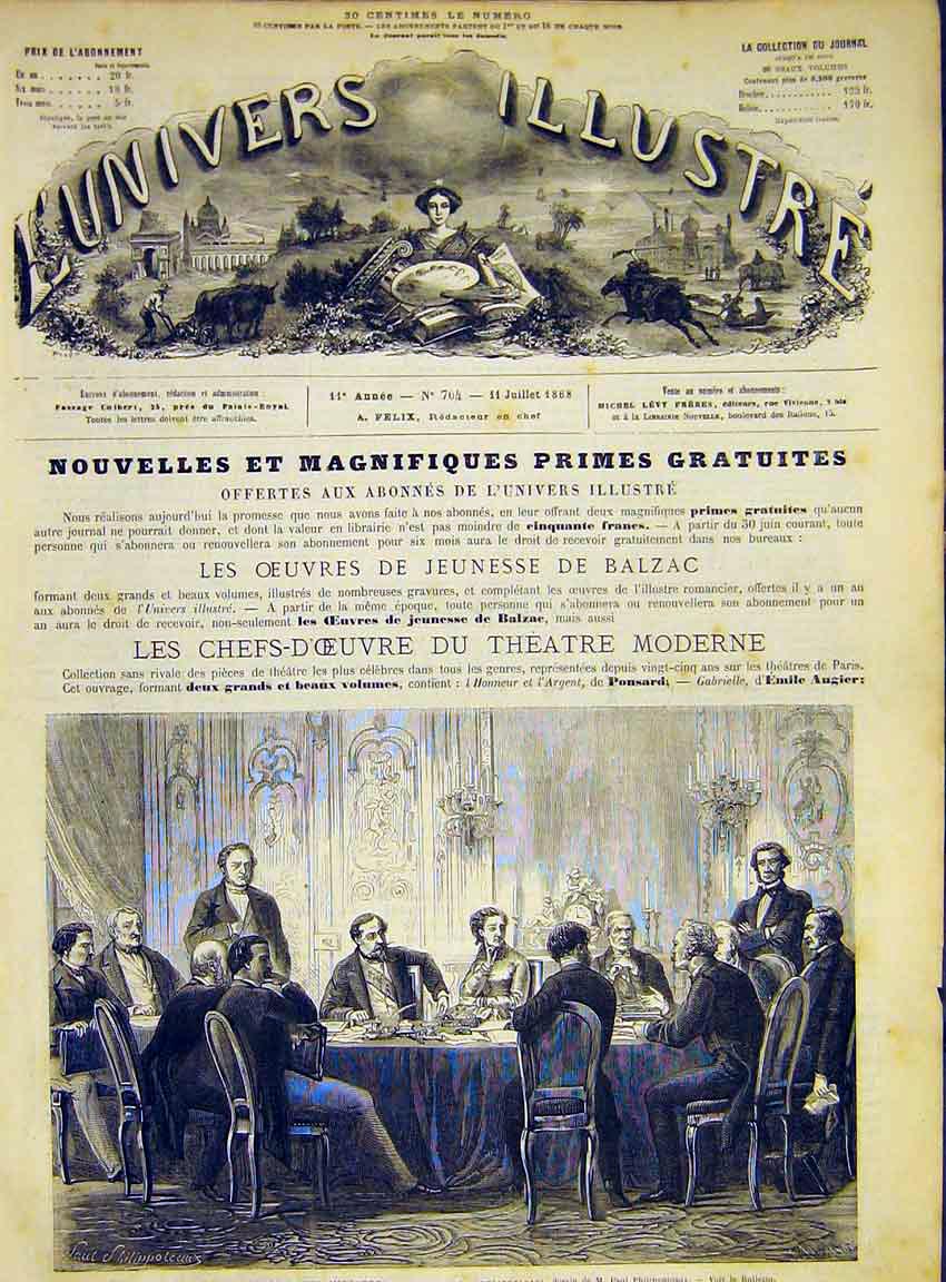 Original Old Antique Print Ministers Council Fountainbleau France 1868 Victorian