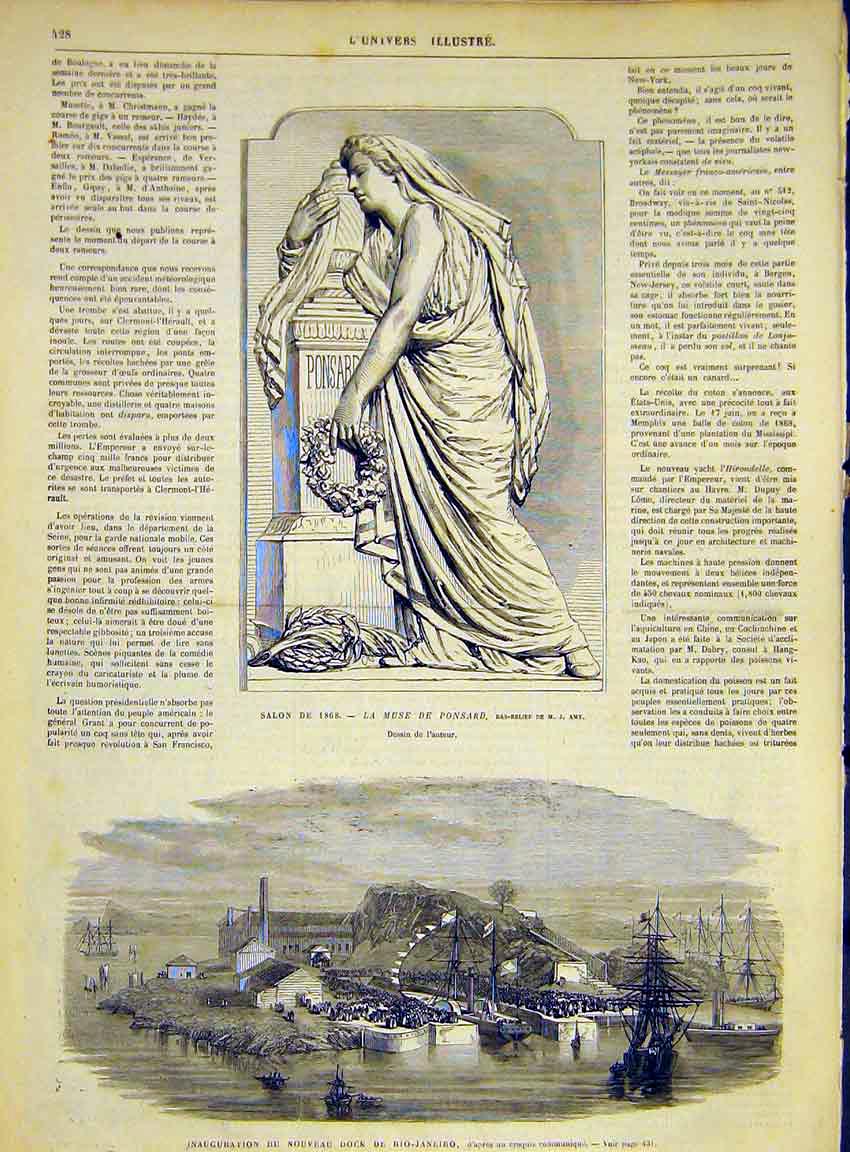 Original Old Antique Print Statue Ponsard Amy Rio-Janiero Dock French 1868 19th