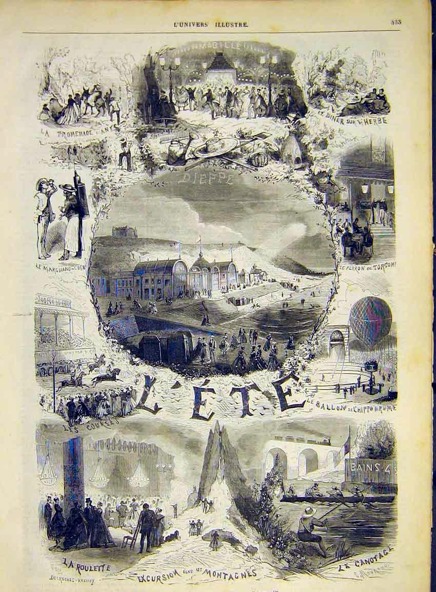 Original Old Antique Print Summer L'Ete Sketches Desroches-Valnay 1868 Victorian