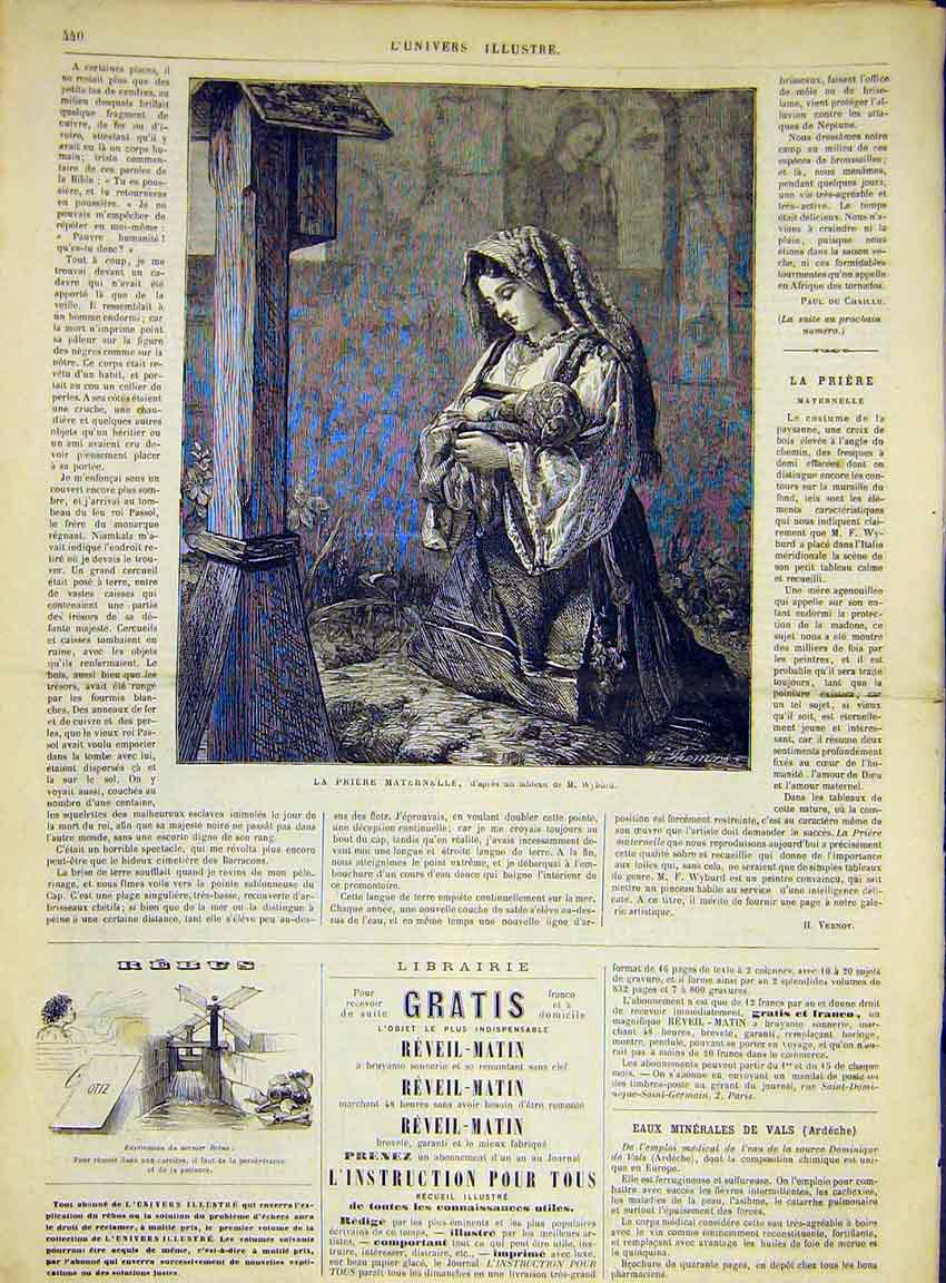 Original Old Antique Print Maternal Prayer Mother Child Wybard Fine Art 1868
