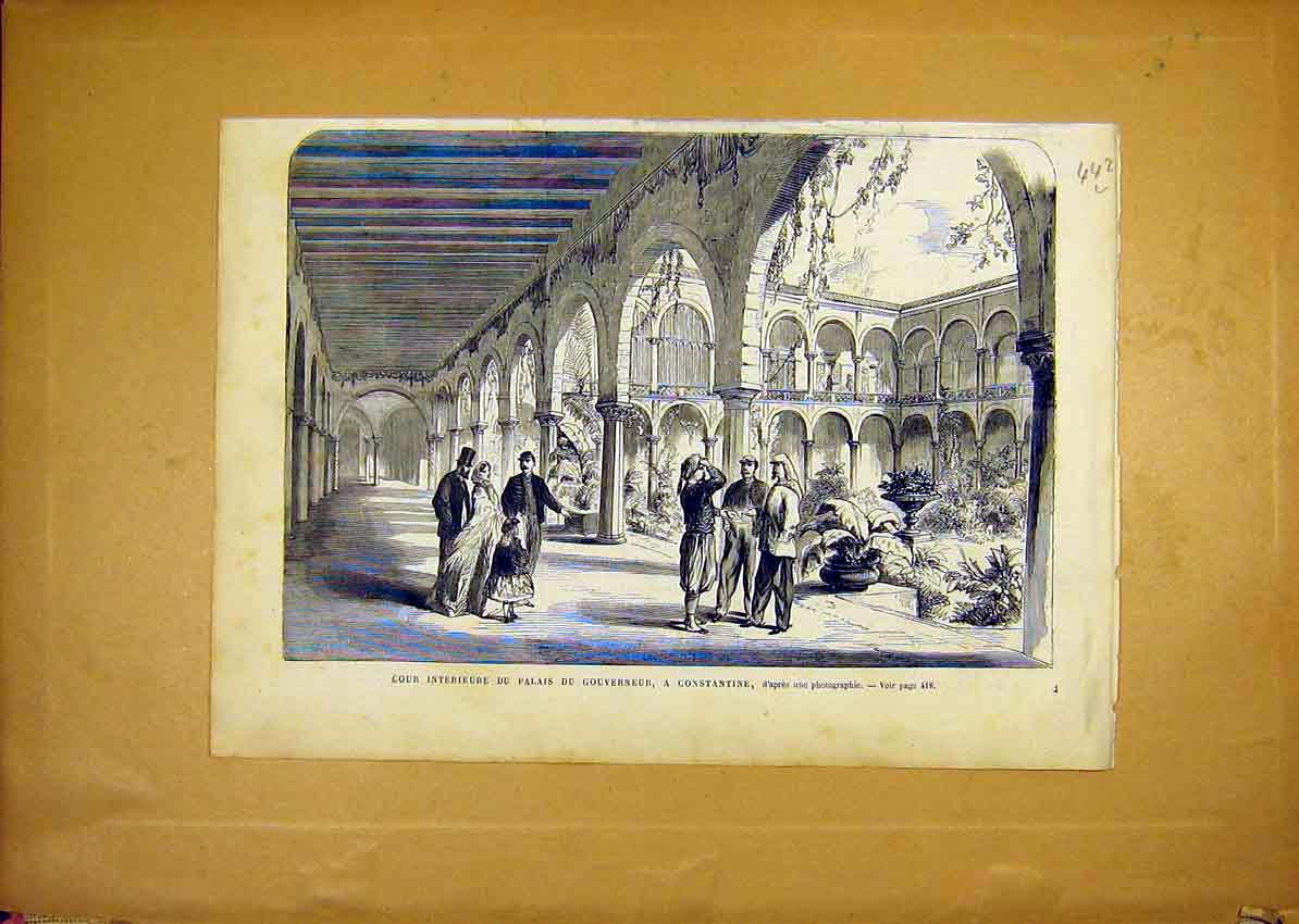 Original Old Antique Print Constantine Palace Governor Garden French 1868 19th