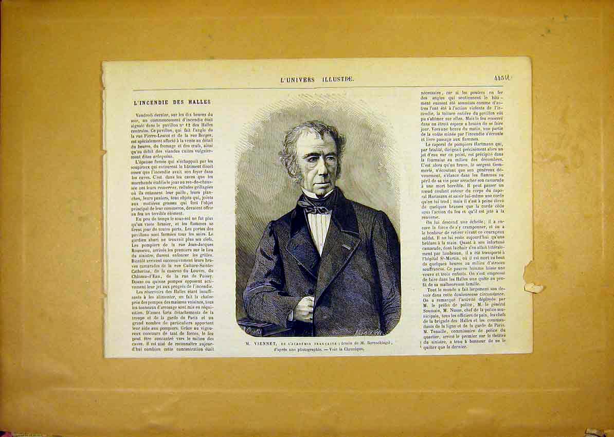 Original Old Antique Print Portrait Viennet French Academy 1868 19th