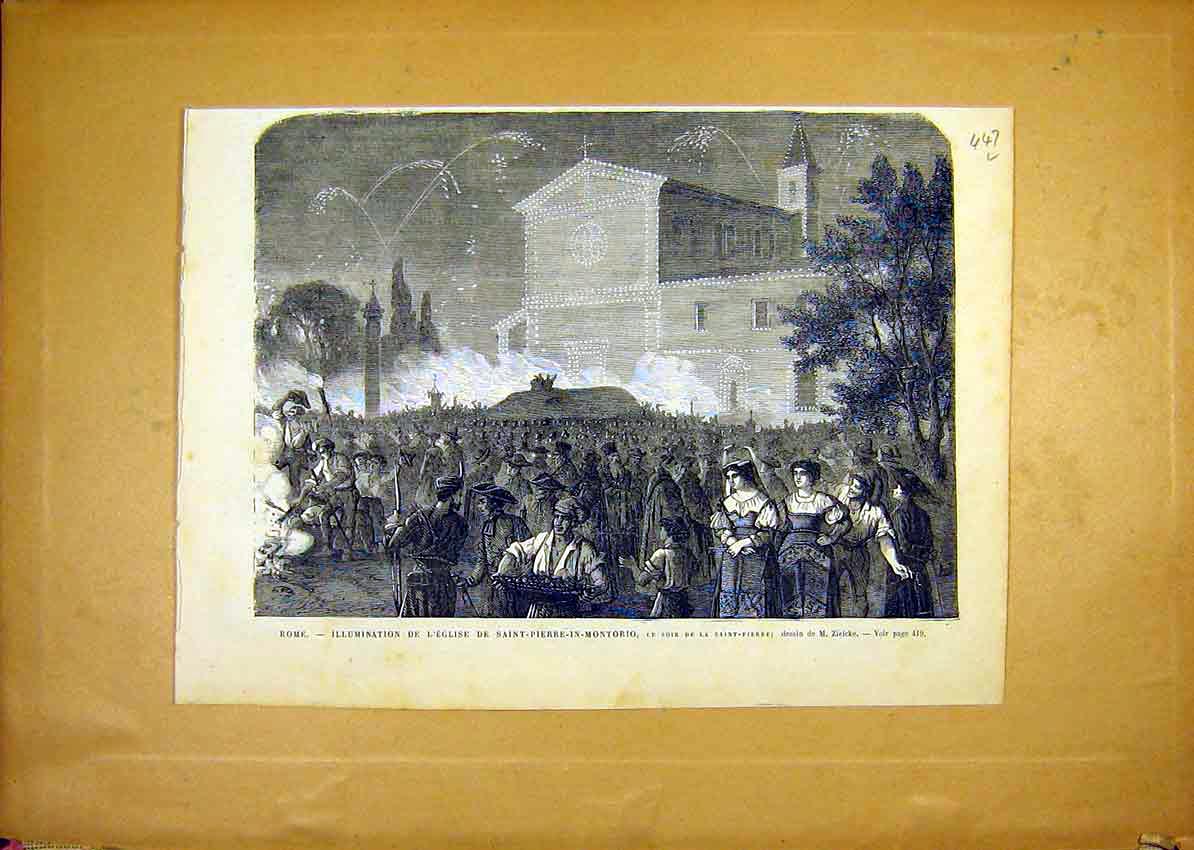 Original Old Antique Print Rome Church Illuminations Montorio French 1868 19th