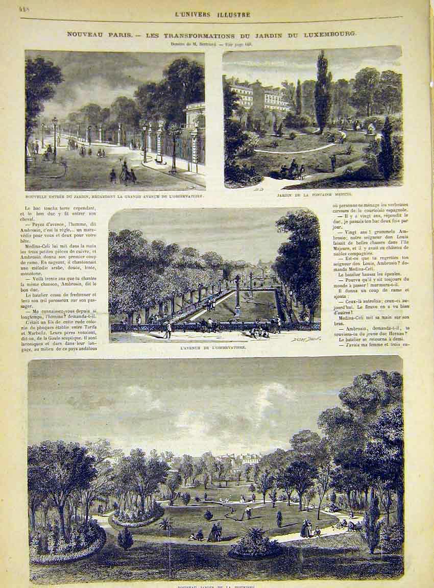Original Old Antique Print Paris Garden Luxembourg Observatory Pepiniere 1868