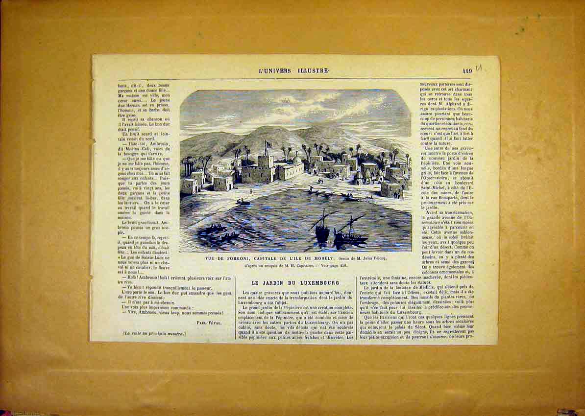 Original Old Antique Print Fomboni Island Mohely Capital French 1868 Victorian