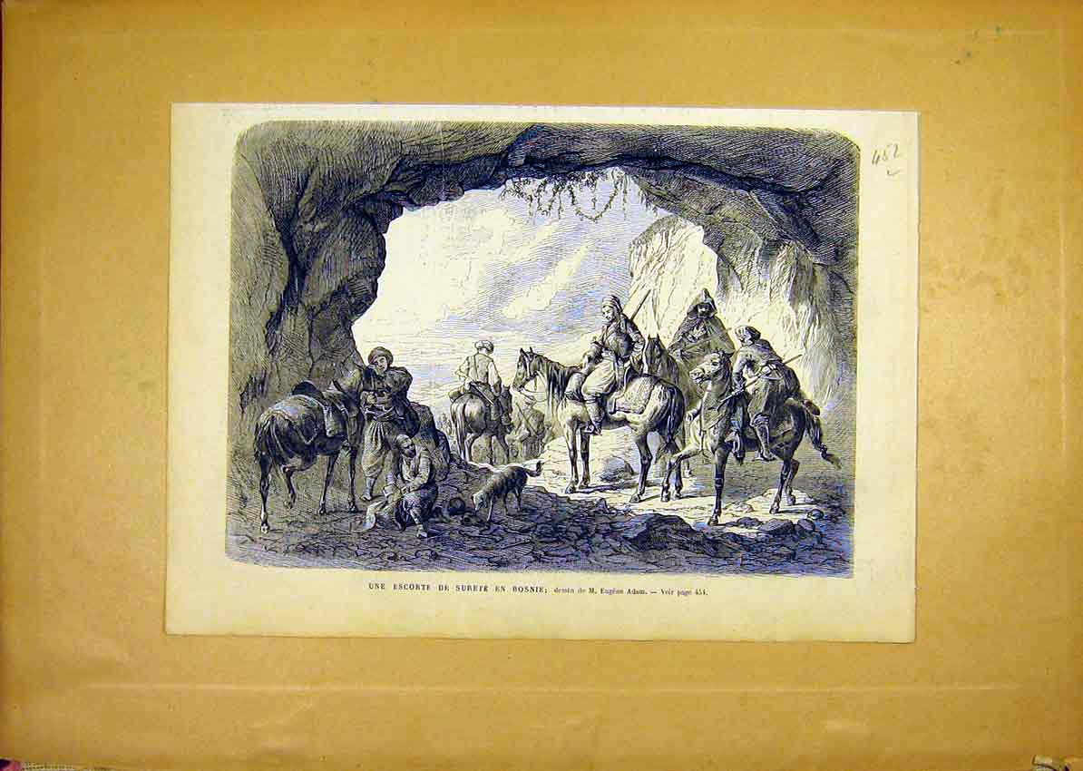 Original Old Antique Print Escort Bosnia Troops Adam French 1868 19th